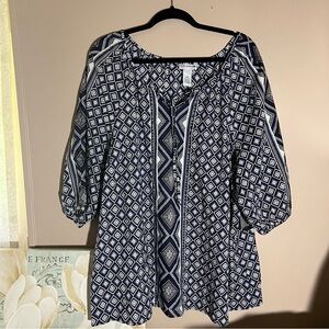 Catherines Womens Top Size 2X Navy Blue White Peasant Sequin Argyle 3/4 Sleeve